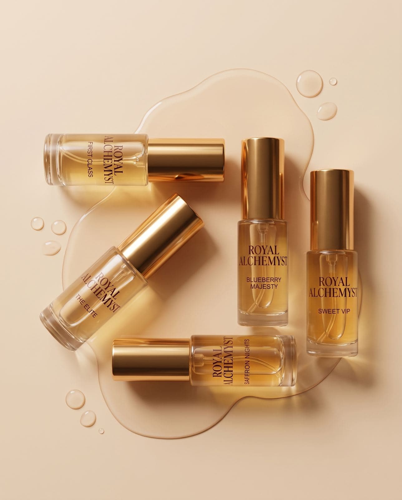 Royal Alchemyst perfume oil rollerballs arranged on a cream surface